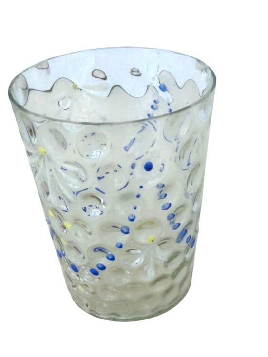 Other - Vintage Hand-Painted Thumbprint Glass Tumbler Blue Dot & Yellow Floral Flower